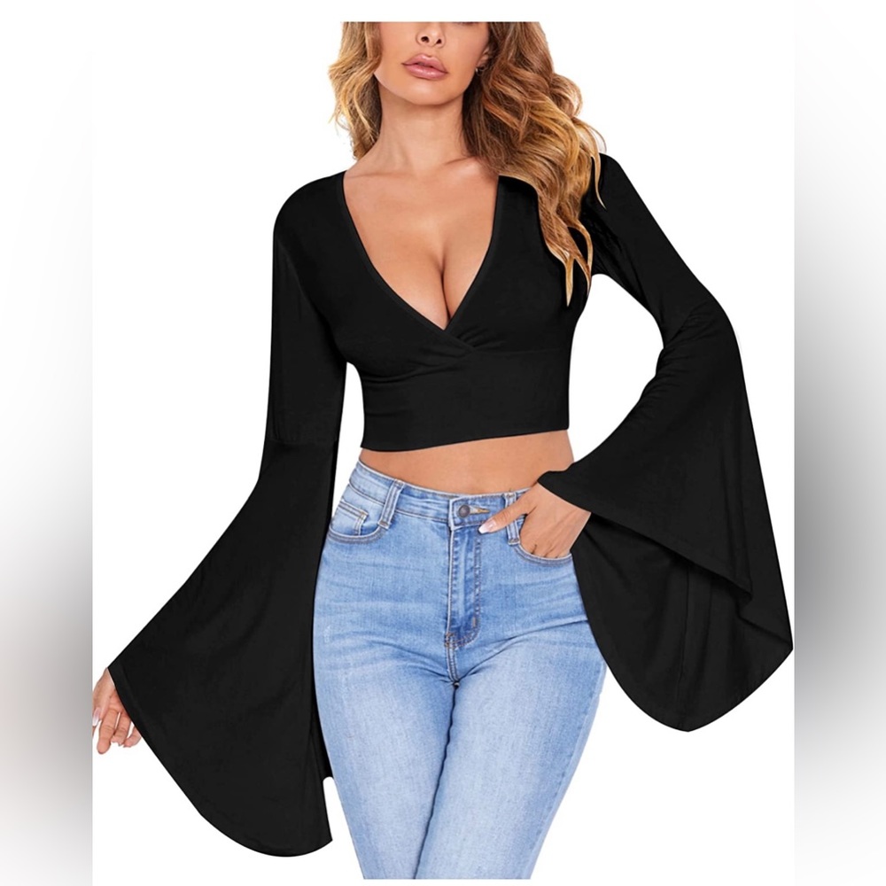 Black v neck bell sleeve crop top.